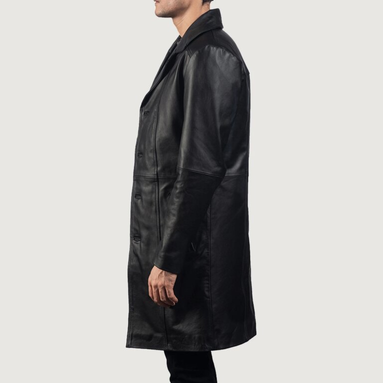 Mens Don Long Black Leather Coat Side Pose-3-1718117741495